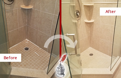 Before and After Picture of a Grout Caulking on a Porcelain Tile Shower