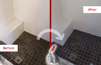 Before and After Picture of Grout Caulking on the Shower Seat Joints