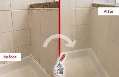 Sir Grout Caulked this Shower to Repair Damaged Caulking Before and After Picture of a Shower with Damaged Caulking