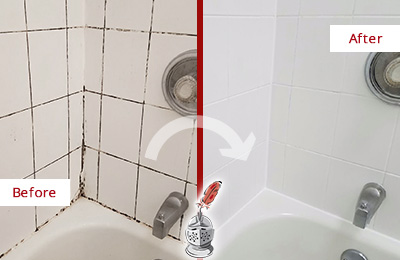 Picture of a White Tile and Tub with Moldy Joints Before and After a Caulking Service