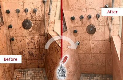 Picture of Moldy Travertine Shower Before and After Cleaning and Sealing Service to Remove Mold