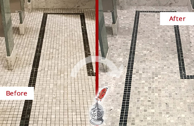 Sir Grout Nashville Stone Cleaning Services Can Help Repair the Look of this Grimy Hospital's Restroom Before and After Picture of a Hospital Travertine Bathroom Floor Stone Cleaning Service