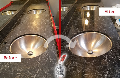 Sir Grout Nashville Stone Services Are Ideal for Enhancing Restrooms Marble Countertops and Keep Them Perfect All Year Round Picture of an Office Restroom's Marble Countertop Before and After Color Enhancement and Restoration