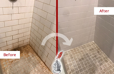 Before and After Picture of a Ridgetop Shower Tile and Grout Cleaned to Eliminate Mold and Stains