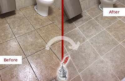 Sir Grout Cleans this Bellevue Restroom Tile and Grout to Remove Soil Before and After Picture of a Bellevue Restroom Tile and Grout Cleaned to Remove Soil