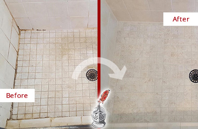 Before and After Picture of a Goodlettsville Shower Caulked to Fix Cracks