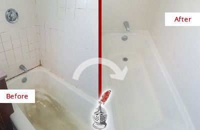 Before and After Picture of a Columbia Bathtub Caulked to Repair Cracks