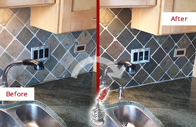 Sir Grout Caulks this College Grove Backsplash Caulked to Fix and Prevent Water Leaks Before and After Picture of a College Grove Backsplash Caulked to Fix and Prevent Water Leaks