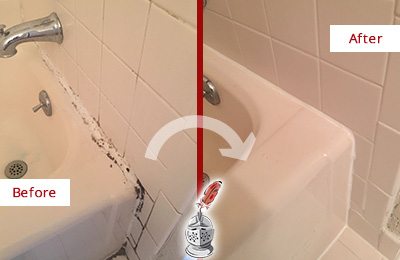 Before and After Picture of a Ridgetop Bathroom Sink Caulked to Fix a DIY Proyect Gone Wrong