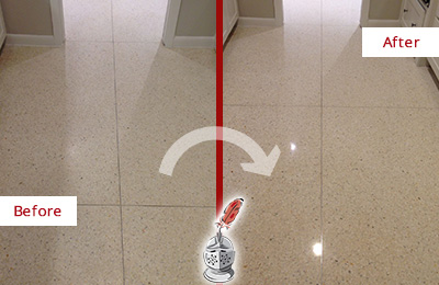 Sir Grout Polishes this Eagleville Granite Stone Floor to Repair Dullness Before and After Picture of a Eagleville Granite Stone Floor Polished to Repair Dullness