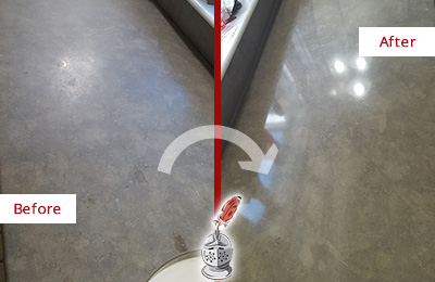 Before and After Picture of a Dull Hendersonville Limestone Countertop Polished to Recover Its Color