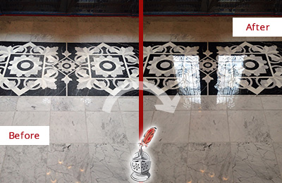 Sir Grout Polishes this Eagleville Marble Stone Floor to a Mirror Shine Before and After Picture of a Eagleville Marble Stone Floor Polished to a Mirror Shine