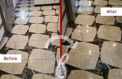 Sir Grout Polishes this Dull Eagleville Marble Stone Floor To Recover Its Luster Before and After Picture of a Dull Eagleville Marble Stone Floor Polished To Recover Its Luster