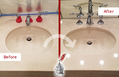 Sir Grout Polishes this Dull Eagleville Marble Stone Vanity Top to Bring-Back Its Sheen Before and After Picture of a Dull Eagleville Marble Stone Vanity Top Polished to Bring-Back Its Sheen