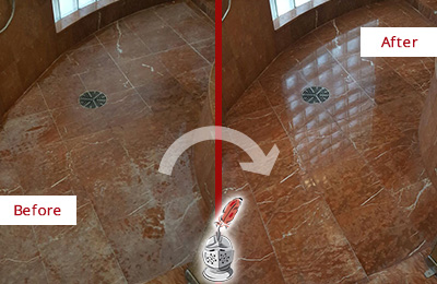 Before and After Picture of a Fairview Marble Stone Shower Polished to Eliminate Mineral Deposits