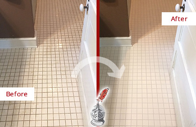 Before and After Picture of a Nashville Bathroom Floor Sealed to Protect Against Liquids and Foot Traffic