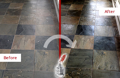 Sir Grout Seals this Dull Columbia Slate Floor to Bring Back Its Colors Before and After Picture of a Dull Columbia Slate Floor Sealed to Bring Back Its Colors