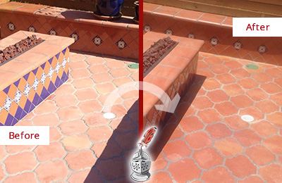 Sir Grout Seals this Dull Columbia Terracotta Patio Floor For UV Protection Before and After Picture of a Dull Columbia Terracotta Patio Floor Sealed For UV Protection