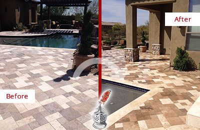 Sir Grout Seals this Faded Columbia Travertine Pool Deck For Extra Protection Before and After Picture of a Faded Columbia Travertine Pool Deck Sealed For Extra Protection