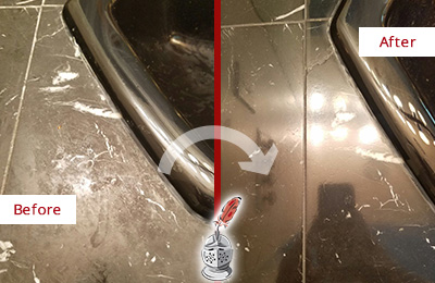 Before and After Picture of a Nolensville Marble Countertop Cleaned to Remove Deep Dirt