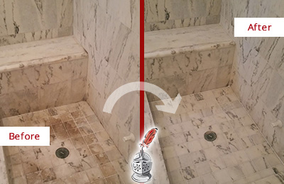 Sir Grout Cleans this Dirty Hendersonville Marble Shower to Eliminate Dark Stains Before and After Picture of a Dirty Hendersonville Marble Shower Cleaned to Eliminate Dark Stains