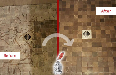 Sir Grout Cleans this Stained Hendersonville Shower Marble Floor to Remove Etch Marks Before and After Picture of a Stained Hendersonville Marble Shower Floor Cleaned to Remove Etching