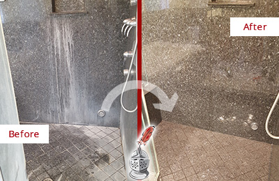 Sir Grout Cleans this Hendersonville Granite Shower to Remove Mineral Deposits Before and After Picture of a Hendersonville Granite Shower Cleaned to Remove Mineral Deposits