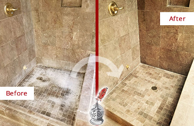 Sir Grout Cleans this Hendersonville Travertine Shower to Eliminate Water Spots Before and After Picture of a Hendersonville Travertine Shower Cleaned to Eliminate Water Spots
