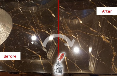 Before and After Picture of a Murfreesboro Marble Countertop Cleaned to Remove Water Spots