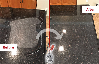 Sir Grout Hones this Mount Juliet Granite Kitchen Countertop to Eliminate Scratch Before and After Picture of a Mount Juliet Granite Kitchen Countertop Honed to Eliminate Scratch
