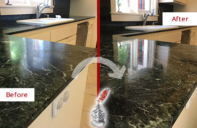 Sir Grout Hones this Mount Juliet Marble Kitchen Countertop to Remove Water Marks Before and After Picture of a Mount Juliet Marble Kitchen Countertop Honed to Remove Water Marks