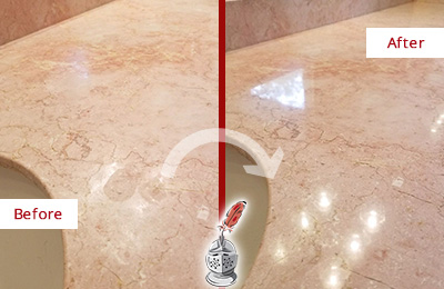 Sir Grout Hones this Mount Juliet Marble Vanity Top to Eliminate Water Spots Before and After Picture of a Mount Juliet Marble Vanity Top Honed to Eliminate Water Spots