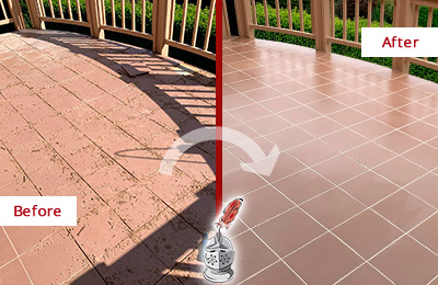 Before and After Picture of a Green Hills Hard Surface Restoration Service on a Tiled Deck