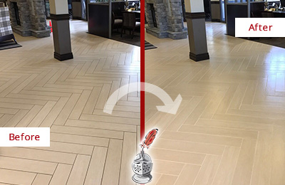 Sir Grout Restored This Murfreesboro Office Lobby Tile Floor to Remove Embedded Dirt Before and After Picture of a Murfreesboro Hard Surface Restoration Service on an Office Lobby Tile Floor to Remove Embedded Dirt