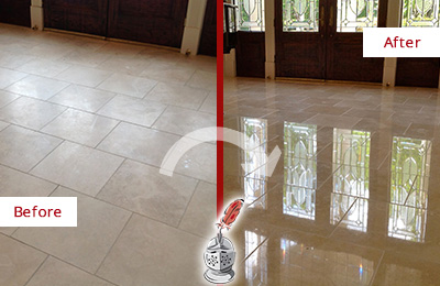 Sir Grout Restored This Murfreesboro Dull Travertine Floor to Recover Its Splendor with a Stone Polishing Service Before and After Picture of a Murfreesboro Hard Surface Restoration Service on a Dull Travertine Floor Polished to Recover Its Splendor