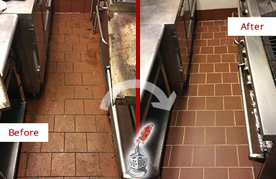 Before and After Picture of a Smyrna Hard Surface Restoration Service on a Restaurant Kitchen Floor to Eliminate Soil and Grease Build-Up
