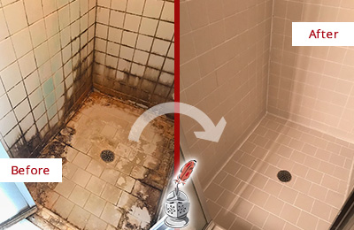 Sir Grout Restored This Murfreesboro Tile Bathroom to Repair Water Damage Before and After Picture of a Murfreesboro Hard Surface Restoration Service on a Tile Bathroom to Repair Water Damage