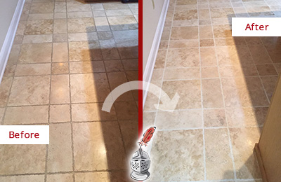 Sir Grout Cleans this Fairview Kitchen Floor's Grout to Recover Its Color Before and After Picture of Fairview Kitchen Floor Grout Cleaned to Recover Its Color
