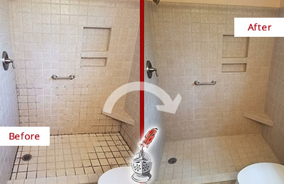 Before and After Picture of a Murfreesboro Shower Grout Cleaned to Remove Mold