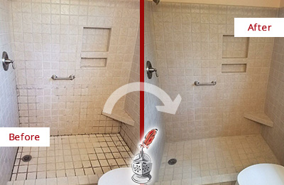 Sir Grout Cleans the Grout on this Fairview Moldy Shower Before and After Picture of a Fairview Shower Grout Cleaned to Remove Mold