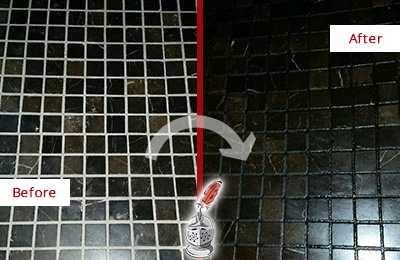 Sir Grout Recolored the Grout of this Thompson's Station Black Tile Floor Before and After Picture of a Thompson's Station Black Floor with Recolored Grout