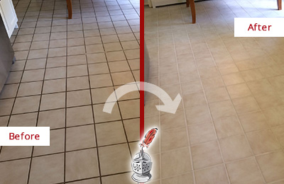 Sir Grout Recolors this Thompson's Station Kitchen Tile Floor's Grout Before and After Picture of a Thompson's Station Kitchen Tile Floor with Recolored Grout