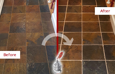 Sir Grout Recolors the Grout of this Thompson's Station Slate Floor Before and After Picture of a Thompson's Station Slate Floor Recolored Grout