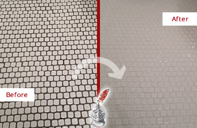 Sir Grout Recolors the Grout of this Thompson's Station White Mosaic Tile Before and After Picture of a Thompson's Station White Mosaic Tile Recolored Grout