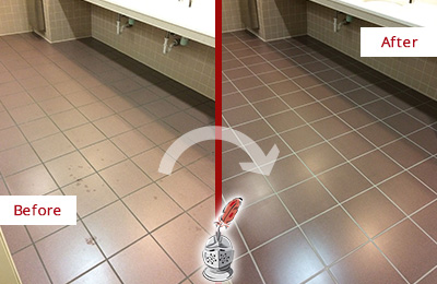 Sir Grout Seals the Grout on this Franklin Office Restroom to Refresh Its Look Before and After Picture of Dirty Franklin Office Restroom with Sealed Grout