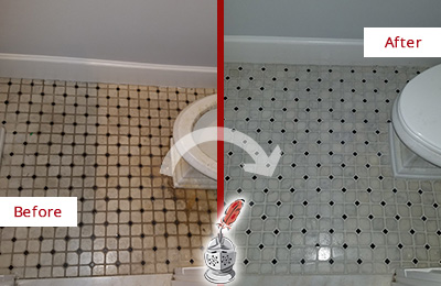 Sir Grout Cleans this Eagleville Bathroom Floor to Remove Embedded Dirt Before and After Picture of a Eagleville Bathroom Floor Cleaned to Remove Embedded Dirt