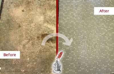 Sir Grout Cleans this Eagleville Mosaic Shower Cleaned to Eliminate Embedded Dirt Before and After Picture of a Eagleville Mosaic Shower Cleaned to Eliminate Embedded Dirt
