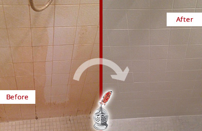 Before and After Picture of a Eagleville Porcelaine Shower Cleaned to Remove Soap Scum