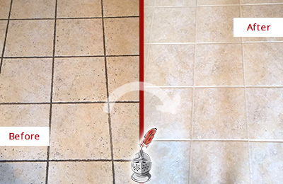 Before and After Picture of a Thompson's Station Ceramic Floor Cleaned to Remove Soil